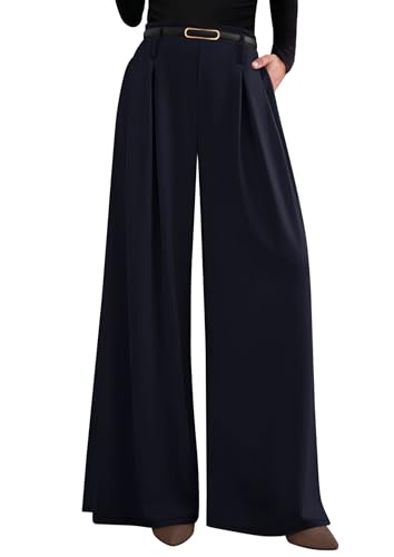 PRETTYGARDEN Womens Fall Wide Leg Trousers 2025 High Elastic Waist Loose Pleated Long Flowy Palazzo Work Pants with Pockets (Navy,Small)