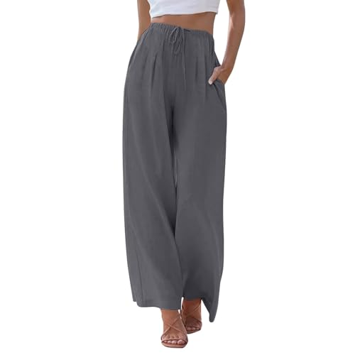 Summer Linen Pants Women Casual Drawstring Elastic Waist Palazzo Pants Flowy Boho Wide Leg Beach Trousers with Pockets