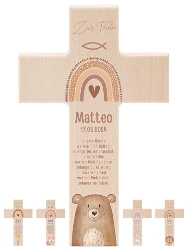 wunderwunsch® - Personalisiertes Taufkreuz mit hochwertigem Spezial-Druck aus massivem Buchenholz - Taufe Geschenk - Holzkreuz Taufe (Bär)