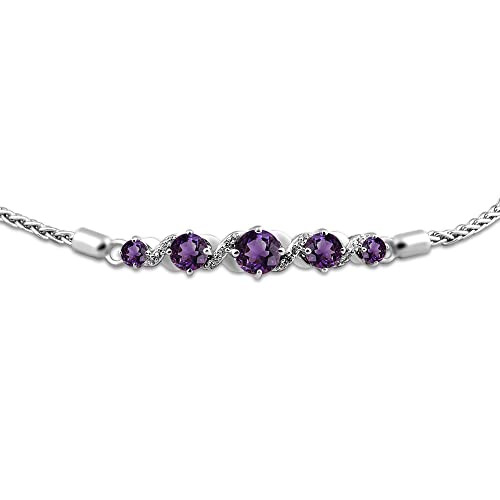 Image of Jewelili Sterling Silver 3 MM, 4 MM and 5 MM Round Amethyst and Round Created White Sapphire Bolo Bracelet, 9.5 inch
