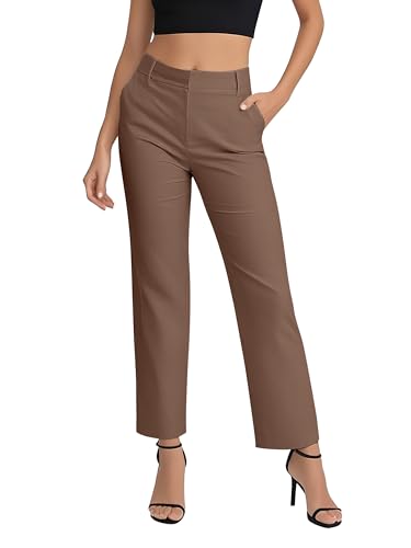 EXCHIC Damen Komfortabel Dehnbar Gerade Bein Freizeit Hosen Hohe Taille Arbeitshose mit Taschen(M, Tiefer Kaffee)