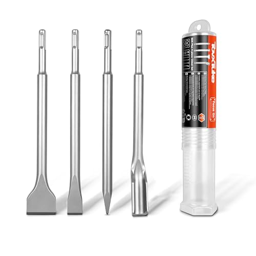TovxTuke SDS Plus Chisel Set, 4 Piece Steel Tool Set for Tile, Flat, Pointed and Channal Chisel, Suitable for Masonry, Bricks, Walls, Granite, Concrete