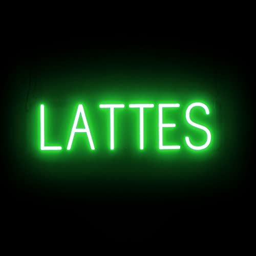 Image of SpellBrite LED Neon LATTES Sign for Business - Green, 24 inch x 6 inch | Ultra-Bright Click-Together Signage for Cafes, with Visibility from 500 Feet - 8 Animations, 6 Brightness Settings