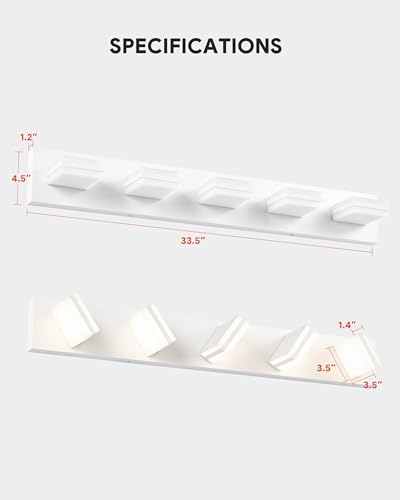 Image of VONLUCE Bathroom Vanity Light Fixture, 5-Light Modern LED Vanity Light, 3CCT Adjustable Bathroom Lights with Memory Function Rotatable Shades, 34 inch Wall Lighting Fixture Over Mirror, Matte White