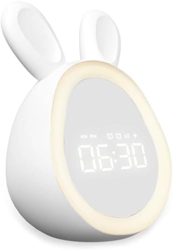 Arfobug漫画ウサギ目覚まし時計学生電子デジタルかわいい時間ウサギスマートプラスチック目覚まし時計ナイトライト付き (ホワイト)