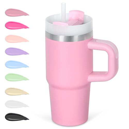 Cosictic 14 Oz Tumbler with Handle and Straw for Kids, Stainless Steel Double Wall Vacuum Insulated Cup for Children, 14 Oz Cups for Kids (Pink)