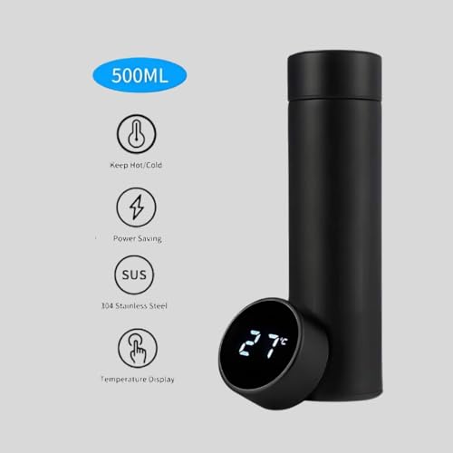Image of Smart Water Bottle with Temperature Display, Stainless Steel, Hot & Cold, Leakproof (Black 1)