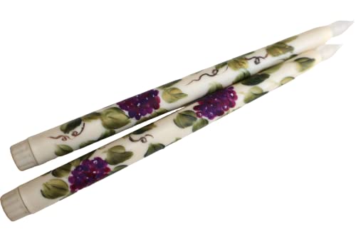 Decorative Battery Operated Flickering Flame Flameless Taper Candles with Hand Painted Grapes and Vines Mediterranean Decor Soft Lighting