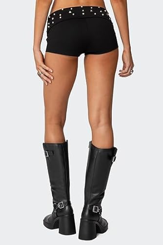 Cusghjbsg Damen Y2K Mini-Shorts mit Nieten, einfarbig, umklappbar, niedrige Taille, Skinny Micro-Shorts, Punk-Hose, Club, Streetwear, Schwarz A, S