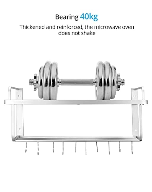 QWORK Microwave Oven Rack Shelf, Wall Mount Electric Oven Holders, Aluminum Double-Layer Microwave & Spice Rack, 2 Shelves with 10 Hooks, Support Load 88lbs, 21.65x15x9.84