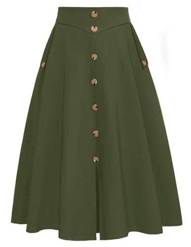 Belle Poque A Line Skirt Below The Knee Length Army Green Skirt For Women Vintage High Waisted Skirts With Buttons Xl cover