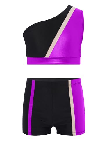 TiaoBug Kids Girls Pcs Metallic Color Block Gymnastics Dance Outfit One Shoulder Tank Top And Shorts Set3