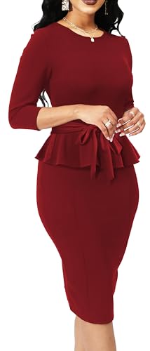 Women's Bodycon Pencil Dress Formal 3/4 Sleeve Crewneck Peplum Ruffle Hem Casual Party Work Midi Pencil Dresses2
