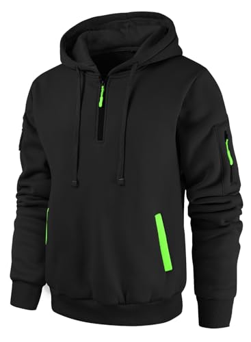 Leidowei Mens Hoodies Casual Pullover Hooded Sweatshirt Long Sleeve Quarter Zip Hoody Tops With Kangaroo Pocket Black/Fluorescent S