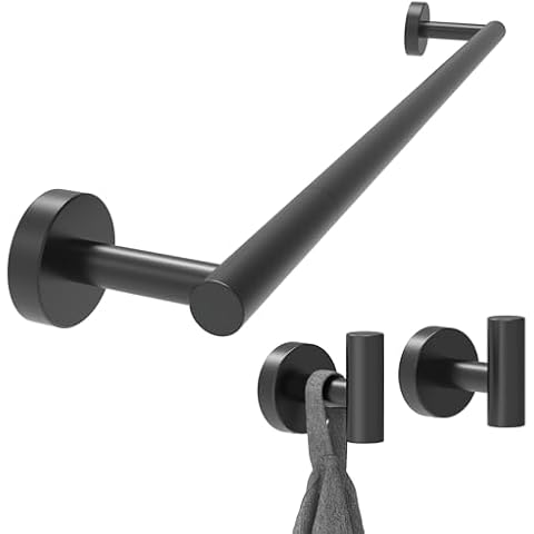 RARXTR 22 Inch Matte Black Towel Bar & 2 Pack Hooks, Towel Rack for Bathroom Kitchen Hand Towel Holder Dish Cloths Hanger SUS304 Stainless Steel RUSTPROOF Wall Mount Total Length 24 Inch (Matte Black) Cover