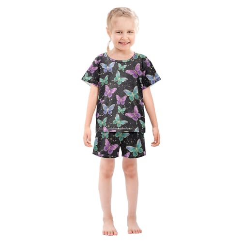 Pajama Short Sets Butterfly Pattern Black Background Soft Cotton Summer Sleepwear 2 Piece PJS Size 5-14T4