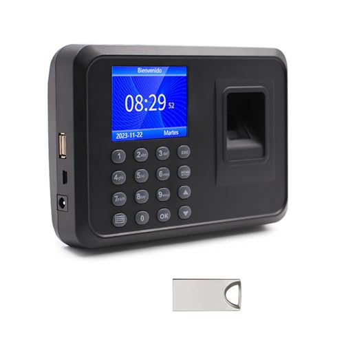 Máquina de Asistencia,Máquina Fichar de Asistencia Biométrica de Huella Dactilar con Sistema Española Pantalla LCD,Capacidad de 100.000 Registros,2.4 Pulgadas,con 8G Disco U (Gris Oscuro)