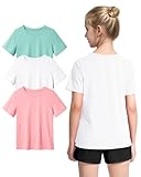KEREDA Girls Athletic Shirts Quick Dry Short Sleeve Crew Neck T Shirts, Summer UPF 50+ Tee Tops for Teen Girls 3 Pack 11-12Years White Green Pink
