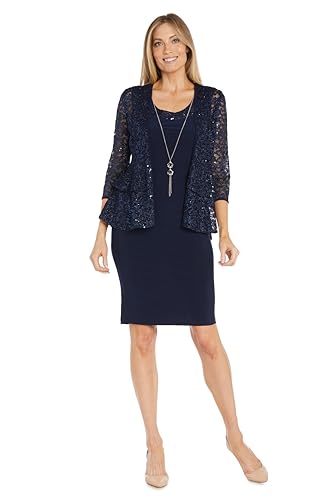 Image of R&M Richards Women's Elegant Sheath Ensemble W /Tiered Glitter Lace Jacket - Formal Evening Wear, Wedding Guest