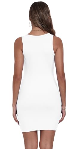 Image of Qaffier Women's Mini Dress Summer Tank Dress Ribbed Crew Neck Sleeveless Basic Bodycon Mini Dresses