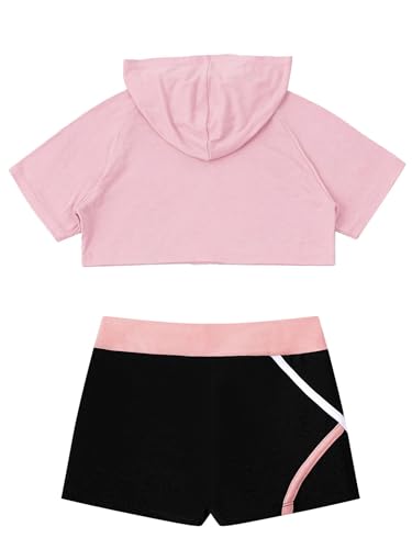 2 Piece Ballet Dance Clothes Girls' Gymnastic Sports Outfit Short Sleeve Hooded Crop Top with Shorts Sets4