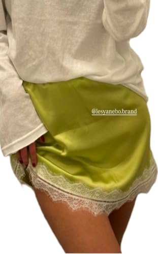 Women Satin Mini Skirt Floral Lace Trim Elastic Low Rise Silky Short Skirts Above Knee Underskirt Y2k Half Slips