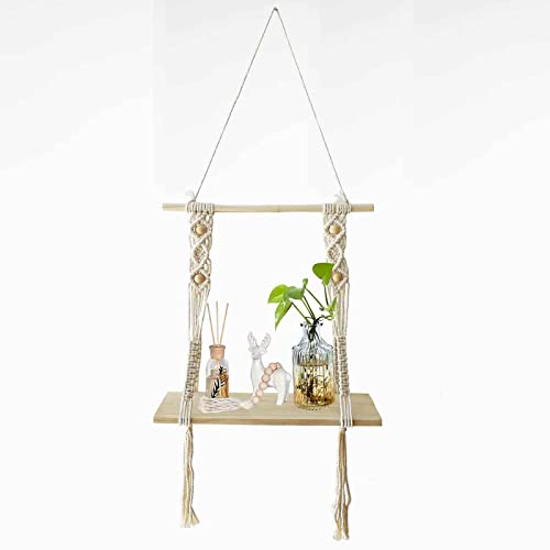 Jecarden Schweberegal Boho Makramee Deko - Wanddeko Wandregal Wohnzimmer Baumwolle Holz Regal Wand Boho Deko Boho Wanddeko Balkondeko Regal Balkon Deko Badezimmer Cover