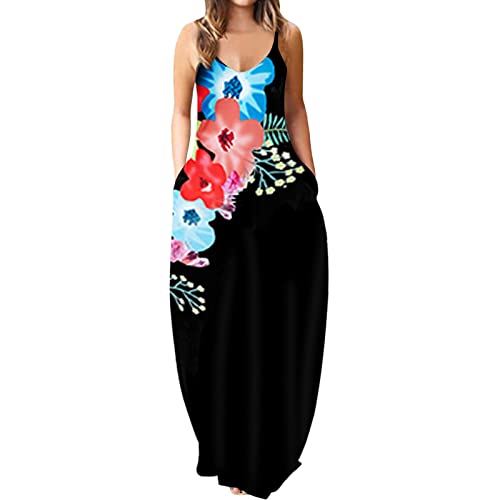 Robe à paillettes pour femme - Robe longue - Col en V - Sexy - Sans manches - Style bohème - Robe d'été - Robe de poche - Mini robe pour femme - Noir - Stretch, Noir , L Cover