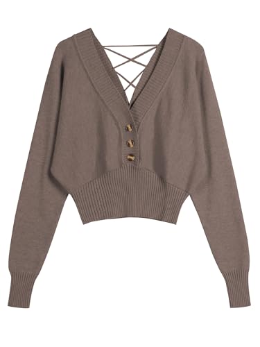 Image of ZAFUL Women V Neck Button Knit Crop Sweaters Batwing Sleeve V Back Ribbed Hem Pullover Sweater
