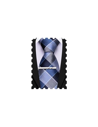 Image of Barry.Wang Plaid Ties Mens Silk Necktie and Tie Clip Checkered Tie for Wedding Party Business Formal