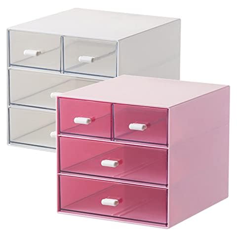 Kyrilali 2PCS Desk Organisers, Desk Organisers and Storage with 4 Transparent Drawers, Desktop Organiser, Suitable for Office, School, Home, White and Pink Cover