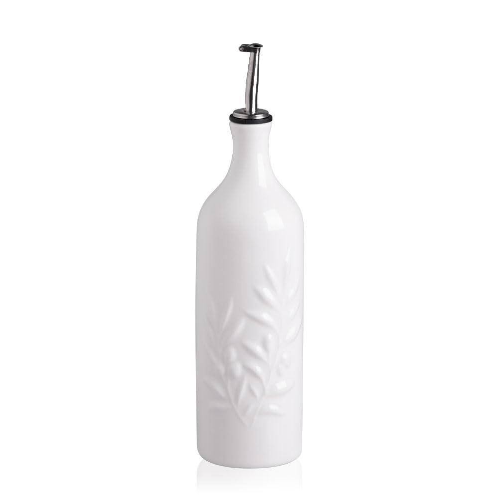 Sweejar Large Ceramic Olive Oil Dispenser Bottle, 24 Oz Relief Opaque Oil Cruet Protects Oil To Reduce Oxidation, Storage Oil, Vinegar, Soy Sauce, Coffee Syrup, Liquids, Pack of 1 (White)