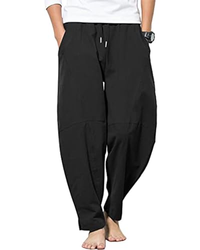 YAOBAOLE Men Linen Beach Pant Lightweight Wide Leg Casual Harem Pant with Pocket Black M