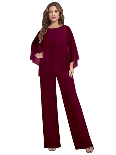 BANTRATIC Dressy 2 Piece Mother of The Bride Pantsuits for Women Chiffon Cape Formal Guest Evening Cocktail Prom Pant Outfit