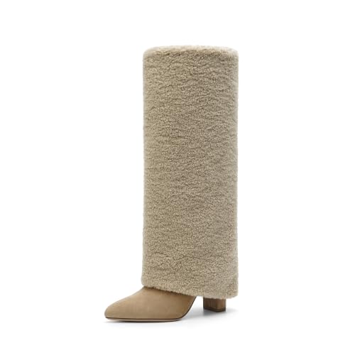 Image of Knee High Boots Women Fold Over Boots Chunky Heel Pointed Toe Tall Boots | Fashion Slouchy Boots,Side Zipper Shark Boots,Fall Spring Winter Fashion Dress Tall Boots,Evening Bridal office Long Boots