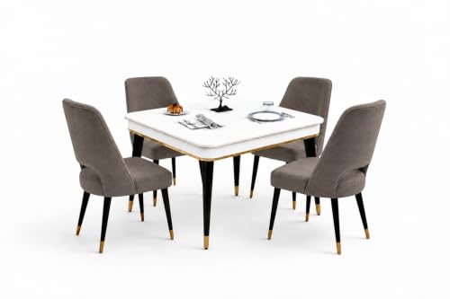 Image of WOODEN SPACE 4 Seater Wooden Dining Table Set | Urban Marble Top Dining Table with Chairs for Dining Room & Kitchen (Modern Vintage Brown) (42 x 42 x 30 inch)