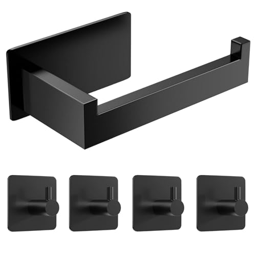 Siblaies Portarotolo per carta igienica senza foratura, autoadesivo, porta rotolo di carta igienica in acciaio inox, con 4 ganci per asciugamani per cucina, bagno, colore nero
