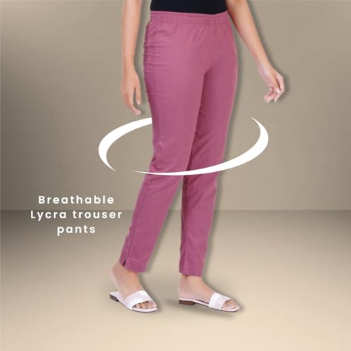 Image of Happy Bunny Cotton Blend Lycra Kurti Pants for Women, Soft 30% Stretch Full Length Trousers with Elastic Waist & Zip Pocket, Ideal for Office, Work, Casual, Home Wear Breathable Slim Fit