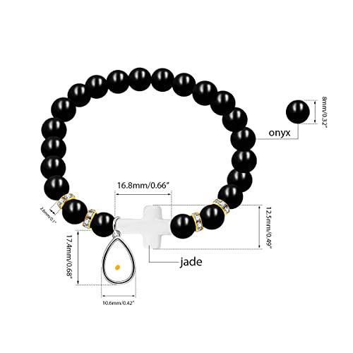 Image of Uloveido Black Agate Side Cross Bracelet Mustard Seed Charms, Personalized Letter A-Z Tiger's Eye Bangle Y944