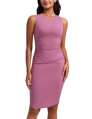 Image of CRZ YOGA Butterluxe Ruched Midi Casual Dress | Removable Pads, Extremely Soft, Bodycon, Crewneck, Party, Sleeveless, Pencil, Outfits for Women