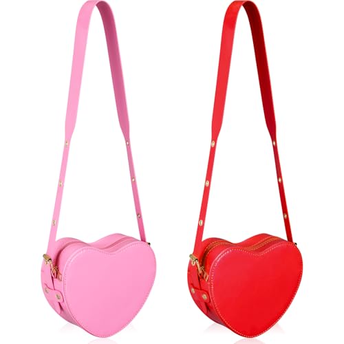 Dansydaisy 2 Pcs Heart Crossbody Bag for Women, PU Leather Small Satchel Purse, Adjustable Strap, Valentine's Day Gift (Red,Pink)