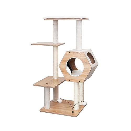 Petpals 44" High 5 Level Minimalist Large Cat Tower with Wooden Condo and Platforms, Natural Sisal Scratching Posts, Playful Toys,for Adult Cats (Beige)
