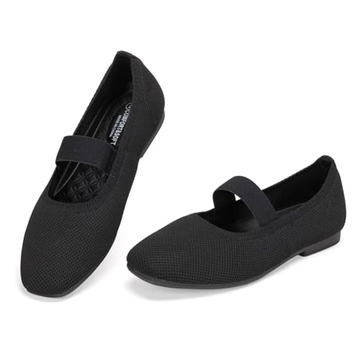 Frank Mully Women's Ballet Flats Slip on Casual Knitted Fabric Shoes Square-Toe Flats with Elastic Straps for Women2
