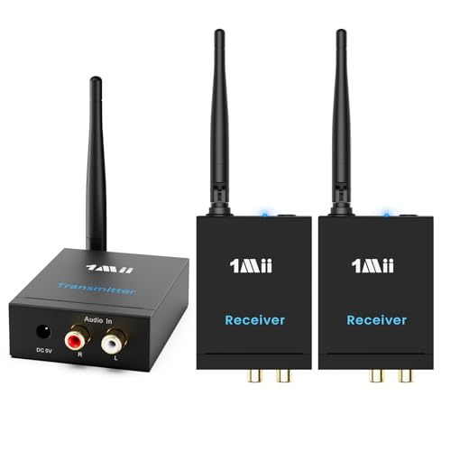 1Mii 2.4GHz (1 TX + 2 RX) Wireless Audio Transmitter and Receiver for TV, 20ms Ultra Low Delay RCA...