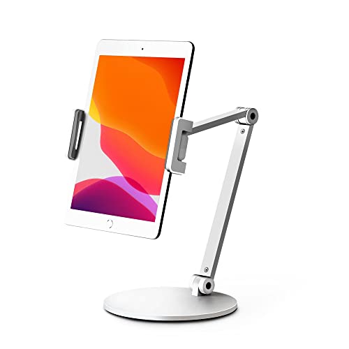 MagicHold Aluminum Long Arm Tablet Desk Stand Mount Compatible with iPhone/iPad/iPad Mini/iPad Pro 12.9"/ Any Phone/Tablets/eBook Reader 4-13 inch,360Â° Swivel for Home,Office,Kitchen (White)