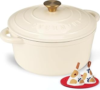 Overmont 28cm/6.6L Enamelled Cast Iron Round Casserole Pot With Lid Cookbook & Cotton Potholders - Non-stick Dutch Oven Cookware for Braising, Stews, Roasting, Bread Baking - Cream white, 7QT