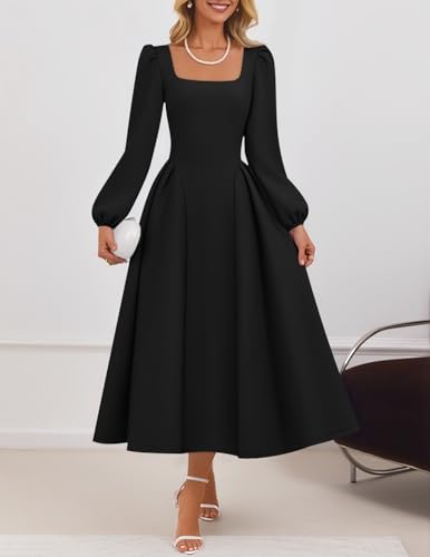 ZESICA Women's Long Sleeve Midi Dresses 2025 Fall Square Neck Hight Wasit A Line Flowy Wedding Cocktail Party Dress2