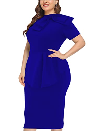 Image of WanMem Plus Size Dress for Curvy Women Semi Formal Cocktail Party Midi Dress Bodycon Short Sleeve Bow Ruffle Pencil Dresses