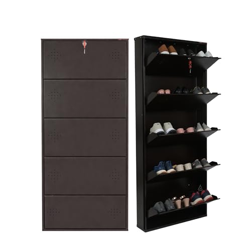 Image of 5 Door Wall Mounted Metal Shoe Rack Cabinet with Lock | Space Saving Shoe Storage Cabinet | Dustproof & Ventilated Shoe Organizer for Home, Entryway, Bedroom & Balcony | Brown | 63 x 26 x 6 Inch