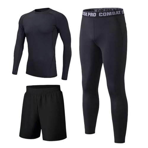 Echinodon Sous-vêtements de sport 3 pièces pour enfants filles et garçons - Sous-vêtements de compression fonctionnels pour l'entraînement au football, 3 pièces - Noir, 15 ans